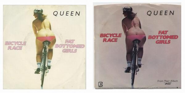 Слева - обложка сингла «Bicycle Race» «монокини», справа - более скромная - «бикини»
