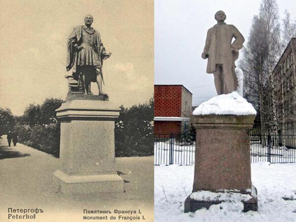 Памятники Франциску I в Петергофе (не сохранился) и Ломоносову в Ломоносове объединяет схожесть очертаний постаментов