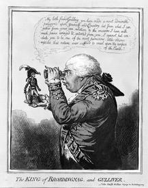 Король великанов разглядывает Гулливера. Английская карикатура начала XIX века изображает короля Георга III и Наполеона.