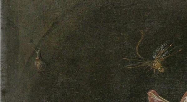 Абрахам Мигнон, Натюрморт с кошкой, фрагмент «Стрекоза и улитка»