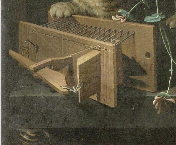 Абрахам Мигнон, Натюрморт с кошкой, фрагмент «Кот у мышеловки»