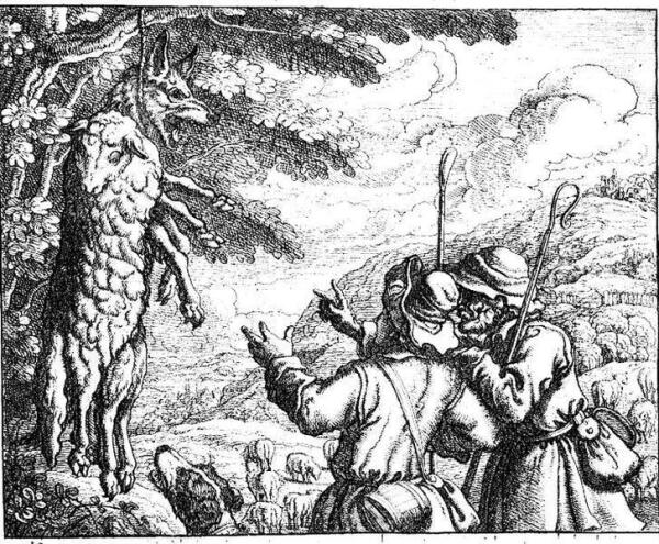 Наказание волка в овечьей шкуре на гравюре Фрэнсис Барлоу, 1687 г.