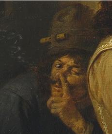 Адриан Браувер, Курильщики, фрагмент «Шляпа, усы, прическа, дым из ноздри»