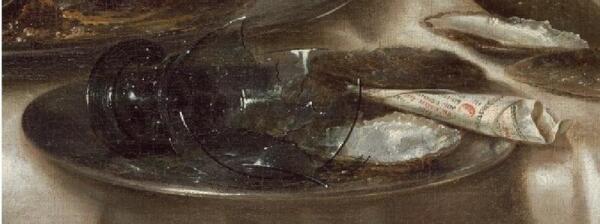 Виллем Клас Хеда, Банкет с мясным пирогом, фрагмент «Разбитый бокал»