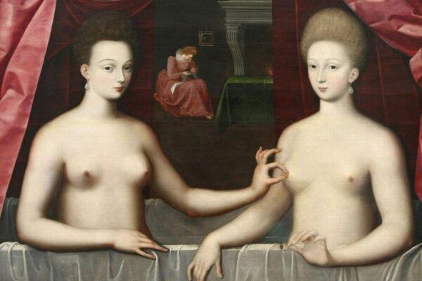 На картине неизвестного художника 1594 г. изображена Габриэль д`Эстре с сестрой. Сестра щиплет Габриэль за сосок не просто так, а как бы намекая на беременность.