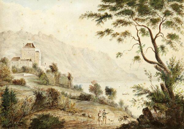 Замок в Монтрё работы швейцарского художника  Joseph Eugène Desvernois (1790-1872)