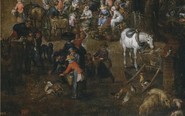 Ян Брейгель, Фламандский рынок и прачечная, фрагмент «Продажа скота и рыбы»