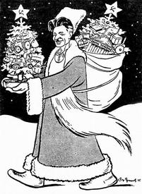 Газетный шарж на Павла Постышева в шубе Деда Мороза. 1936 г. 