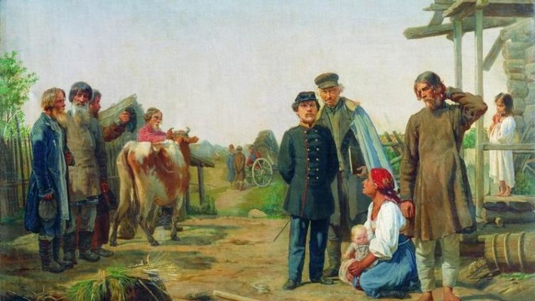 А. И. Корзухин. Сбор недоимок (Уводят последнюю корову). Картина 1868 г.