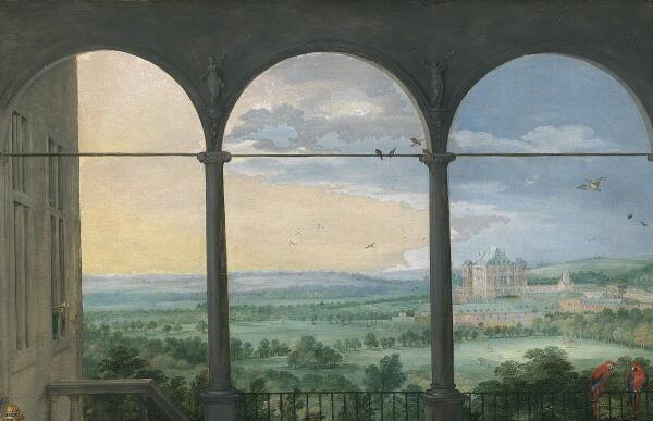 Ян Брейгель Старший, Слух, фрагмент «Пейзаж, птицы и трубы»