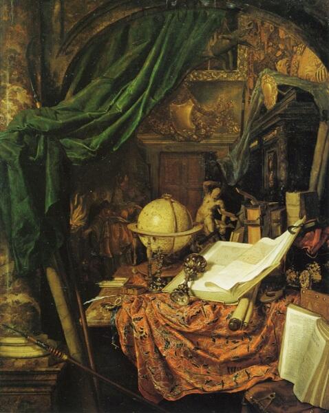 Ян ван дер Хейден, «Натюрморт с глобусом, книгами, статуей и другими предметами», 1670, галерея живописи Академии изобразительных искусств, Вена, Австрия