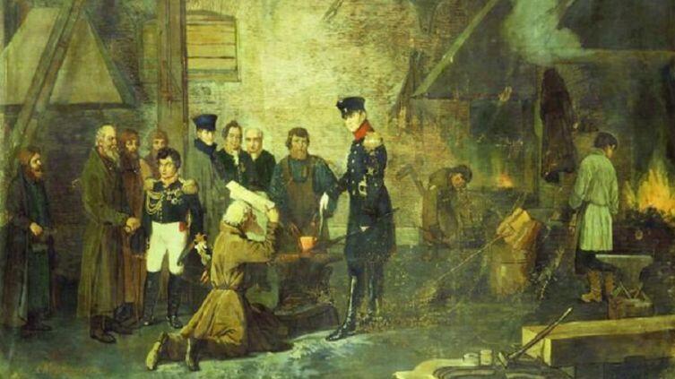 А. И. Корзухин, «Александр Первый на Нижне-Исетском заводе в 1824 году», 1877 г.