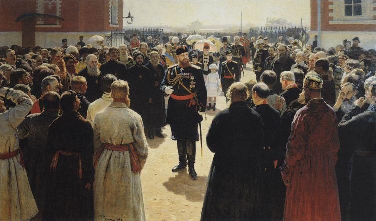 И. Репин, «Приём волостных старшин Александром III во дворе Петровского дворца», 1885—1886 гг.
