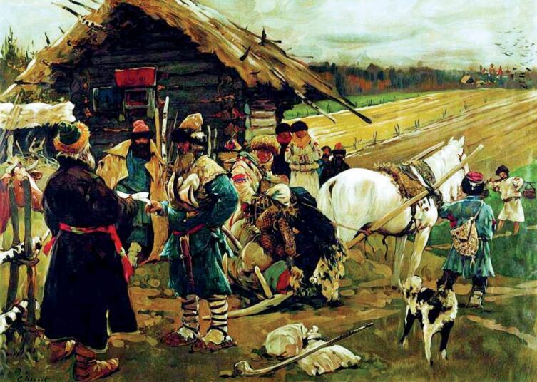 С. В. Иванов, «Отъезд крестьянина от помещика в Юрьев день», 1908 г. С. В. Иванов, «Отъезд крестьянина от помещика в Юрьев день», 1908 г.