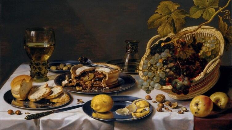 Питер Клас, «Натюрморт с хлебом, рёмером, пирогом, корзиной и виноградом», 1625 г.