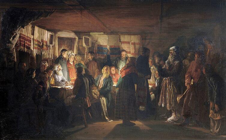 В. М. Максимов, «Приход колдуна на крестьянскую свадьбу», 1875 г.