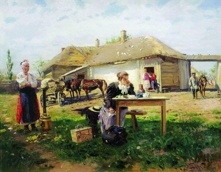 В. Е. Маковский, «Приезд учительницы в деревню», фрагмент, 1897 г. В. Е. Маковский, «Приезд учительницы в деревню», фрагмент, 1897 г.