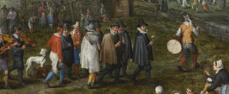 Ян Брейгель Старший, «Деревенская свадьба», фрагмент «Глашатай с барабаном, жених и его свита», 1612 г. Ян Брейгель Старший, «Деревенская свадьба», фрагмент «Глашатай с барабаном, жених и его свита», 1612 г.