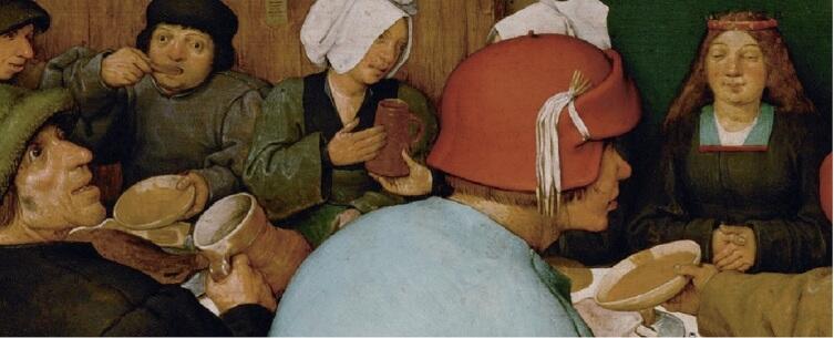 Питер Брейгель Старший, «Крестьянская свадьба», фрагмент «Жених и невеста»