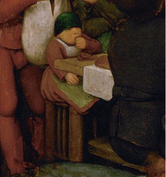 Питер Брейгель Старший, «Крестьянская свадьба», фрагмент «Самый маленький гость»