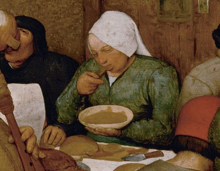 Питер Брейгель Старший, «Крестьянская свадьба», фрагмент «Что можно так есть?»