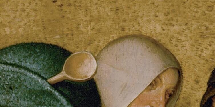 Питер Брейгель Старший, «Крестьянская свадьба», фрагмент «Ложка в шляпе разносчика»