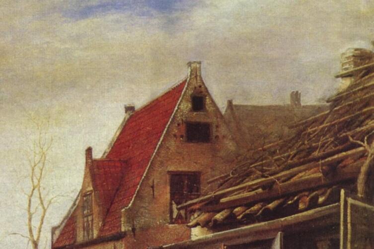 Питер де Хох, Женщина и служанка во внутреннем дворике, фрагмент «Крыши» Питер де Хох, Женщина и служанка во внутреннем дворике, фрагмент «Крыши»