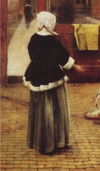 Питер де Хох, Женщина и служанка во внутреннем дворике, фрагмент «Платье» Питер де Хох, Женщина и служанка во внутреннем дворике, фрагмент «Платье»