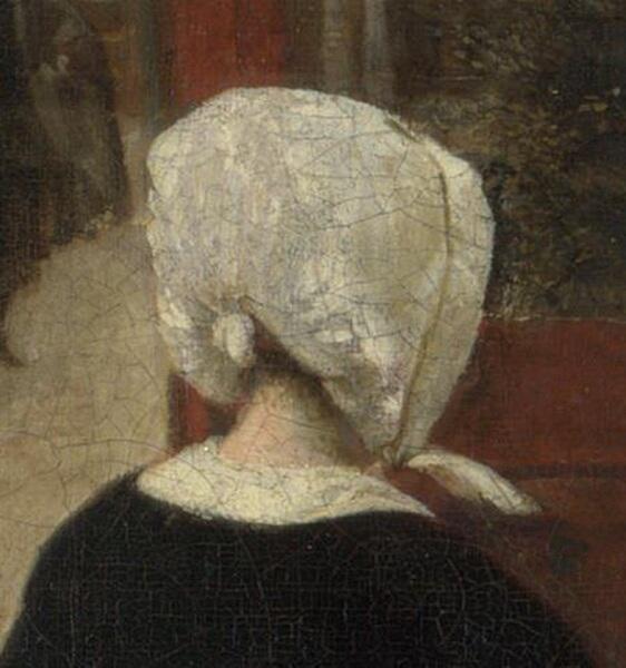 Питер де Хох, Женщина и служанка во внутреннем дворике, фрагмент «Головной убор» Питер де Хох, Женщина и служанка во внутреннем дворике, фрагмент «Головной убор»