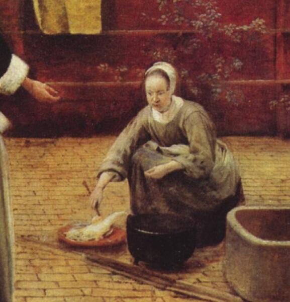 Питер де Хох, Женщина и служанка во внутреннем дворике, фрагмент «Кухарка с рыбой» Питер де Хох, Женщина и служанка во внутреннем дворике, фрагмент «Кухарка с рыбой»