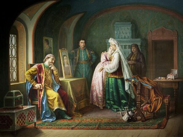 С. И. Грибков, «Борис Годунов показывает своей дочери Ксении портрет жениха — принца датского герцога Иоанна», 1876 г.