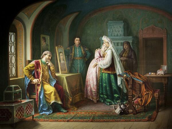 С. И. Грибков, «Борис Годунов показывает своей дочери Ксении портрет жениха — принца датского герцога Иоанна», 1876 г. С. И. Грибков, «Борис Годунов показывает своей дочери Ксении портрет жениха — принца датского герцога Иоанна», 1876 г.