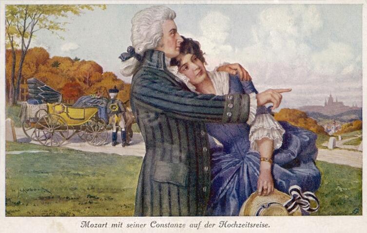 Моцарт с женой Констанцией во время медового месяца на открытке XIX века