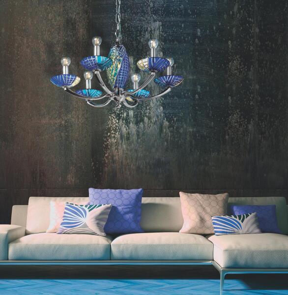 Подвесная 6-ти рожковая люстра Rainbow в отделке из никеля и цветного хрусталя