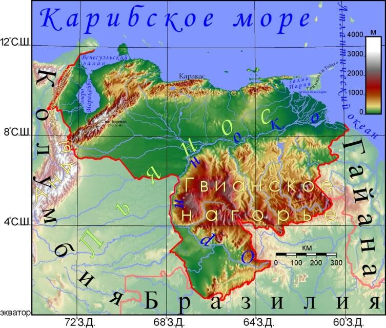Физическая карта Венесуэлы
