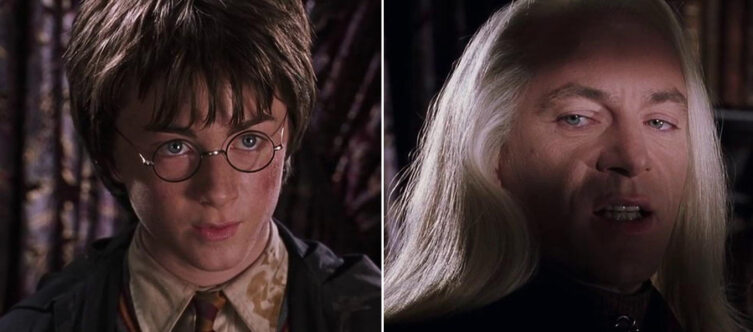 Гарри Поттер и Люциус Малфой. Кадр из кинофраншизы «Гарри Поттер» Гарри Поттер и Люциус Малфой. Кадр из кинофраншизы «Гарри Поттер»