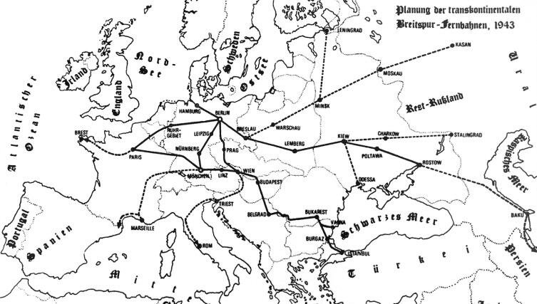 Одна из схем немецкого проекта сверхширокой железной дороги, 1943 г. Одна из схем немецкого проекта сверхширокой железной дороги, 1943 г.