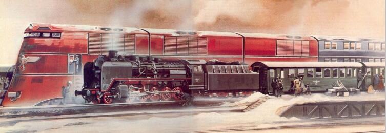 Поезд нацистской «ширококолейки» (проект Breitspurbahn) рядом с поездом обычной колеи Поезд нацистской «ширококолейки» (проект Breitspurbahn) рядом с поездом обычной колеи