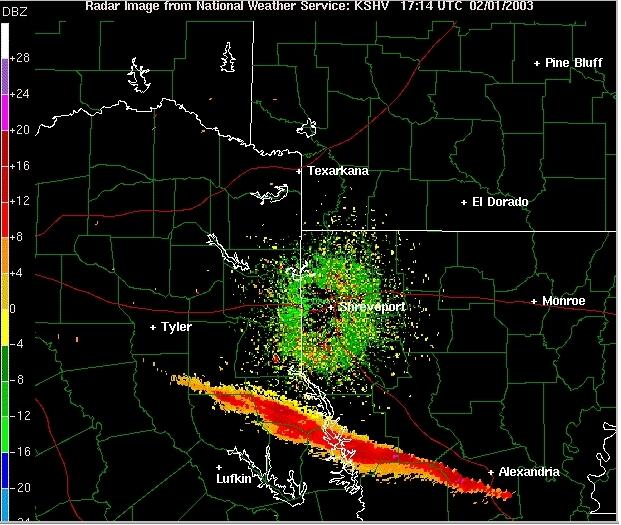 Обломки «Колумбии» (отмечены красным, оранжевым и жёлтым цветом), обнаруженные радаром National Weather Service над Техасом и Луизианой