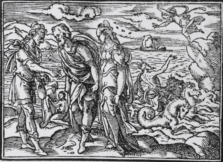 Эрисихтон продает дочь, в книге «Овидий. Метаморфозы», Лейпциг, 1582, библиотека института Варбурга, Лондон, Англия. Эрисихтон получает деньги за дочь, которая стоит рядом. На заднем плане — морской бог Посейдон на тритонах