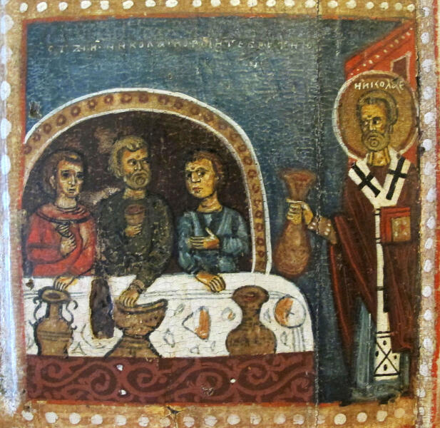 Фрагмент (клеймо) иконы «Никола с Козьмой и Дамианом и житием Николы». Нач. XV в., Новгород