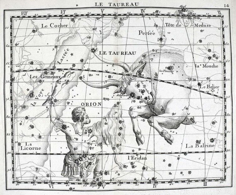 Созвездия Ориона и Тельца в звёздном атласе Дж. Флемстида