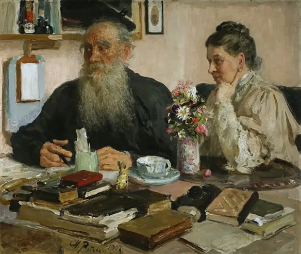 И. Е. Репин, «Л. Н. Толстой с женой С. А. Толстой», 1907 г.