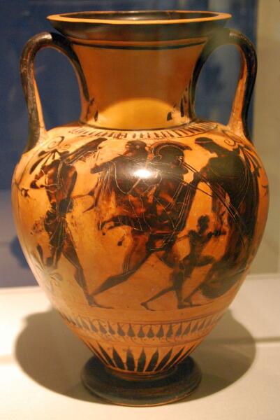 Амфора, найденная в области Этрурии, датированная предположительно 510 г. до н. э., с изображением Энея, который выносит своего отца Анхиза из Трои