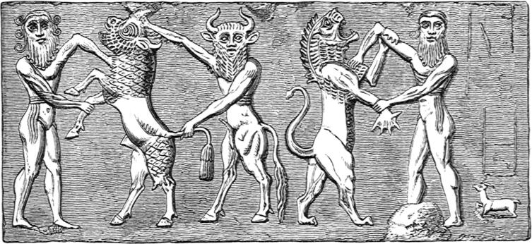 Подвиги Гильгамеша. Оттиск цилиндрической печати шумерского до письменного периода