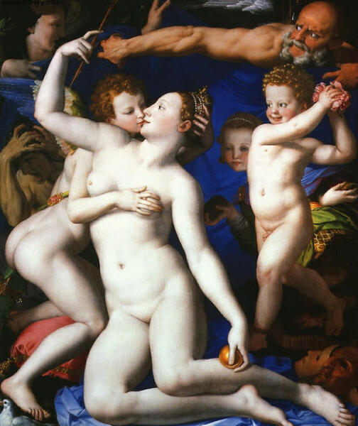Венера со своим сыном Купидоном.  Картина Анджело Бронзино «Аллегория триумфа Венеры»