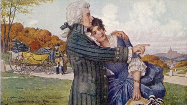 Моцарт и Констанция во время своего медового месяца. Открытка XIX века