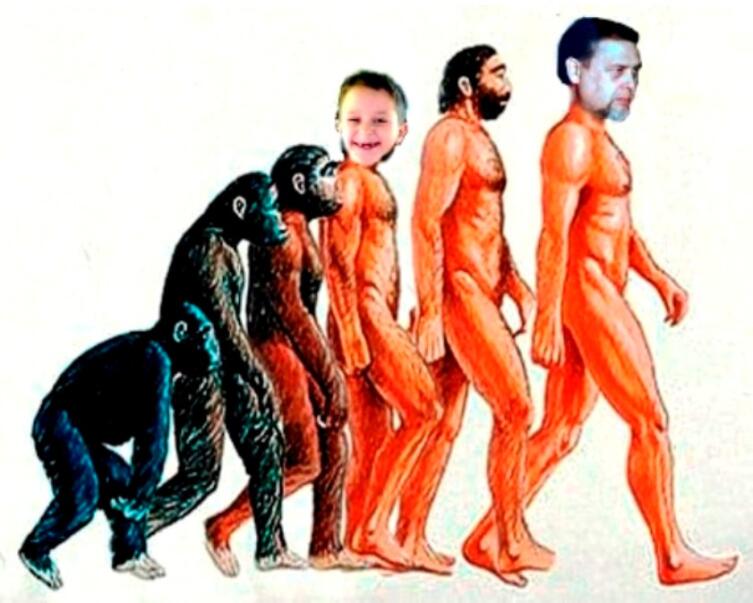 Эволюция, как я её объяснял Феде. Первый хомо — сапиенс с головой автора. Третий с головой Феди.