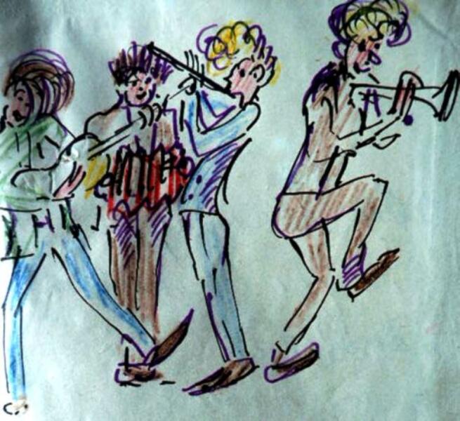 Шарж на наш квартет в «Комсомольском прожекторе» — я в центре с кларнетом