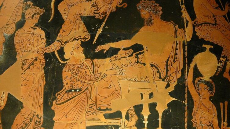 Хрис пытается выкупить свою дочь Хрисеиду у Агамемнона. Рисунок на кратере, ок. 360 г. до н. э.–350 г. до н. э.